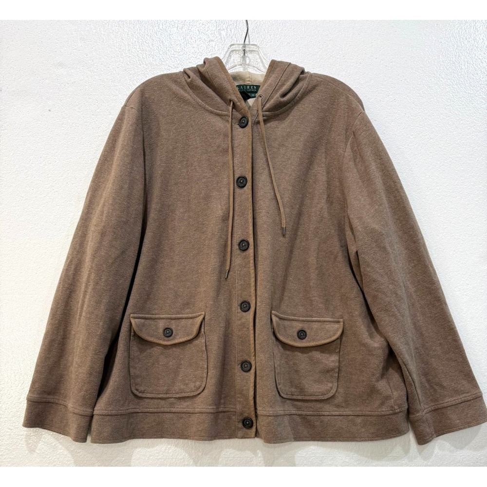 Lauren Ralph Lauren Size 3X Brown Hooded Button Up Jacket